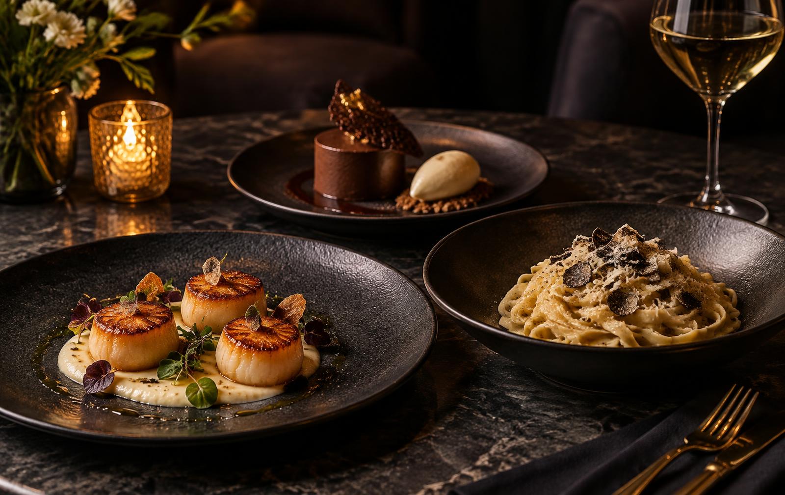 Scallops, pasta, and chocolate dessert arranged for service